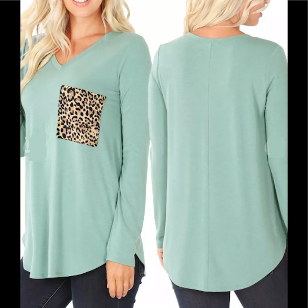 Mint Green Long Sleeve VNeck W/ Leopard pocket Tee